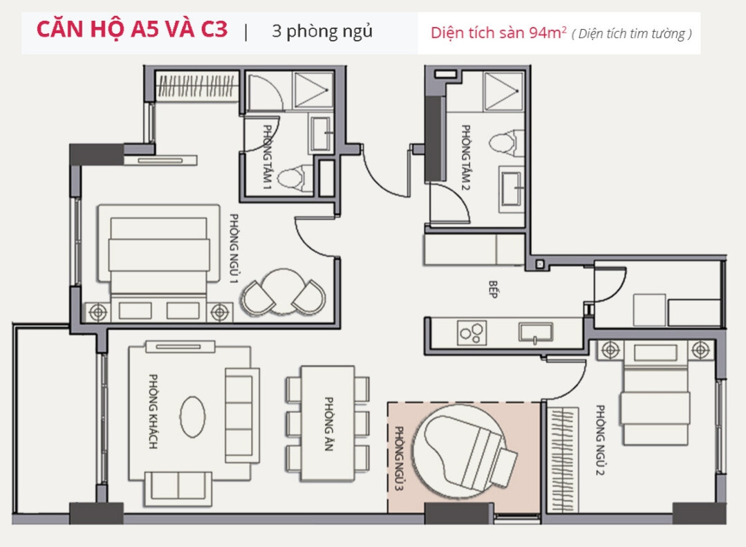 Layout căn hộ A5 - 2PN + 1, diện tích 94m² dự án Valéo Đầm Sen