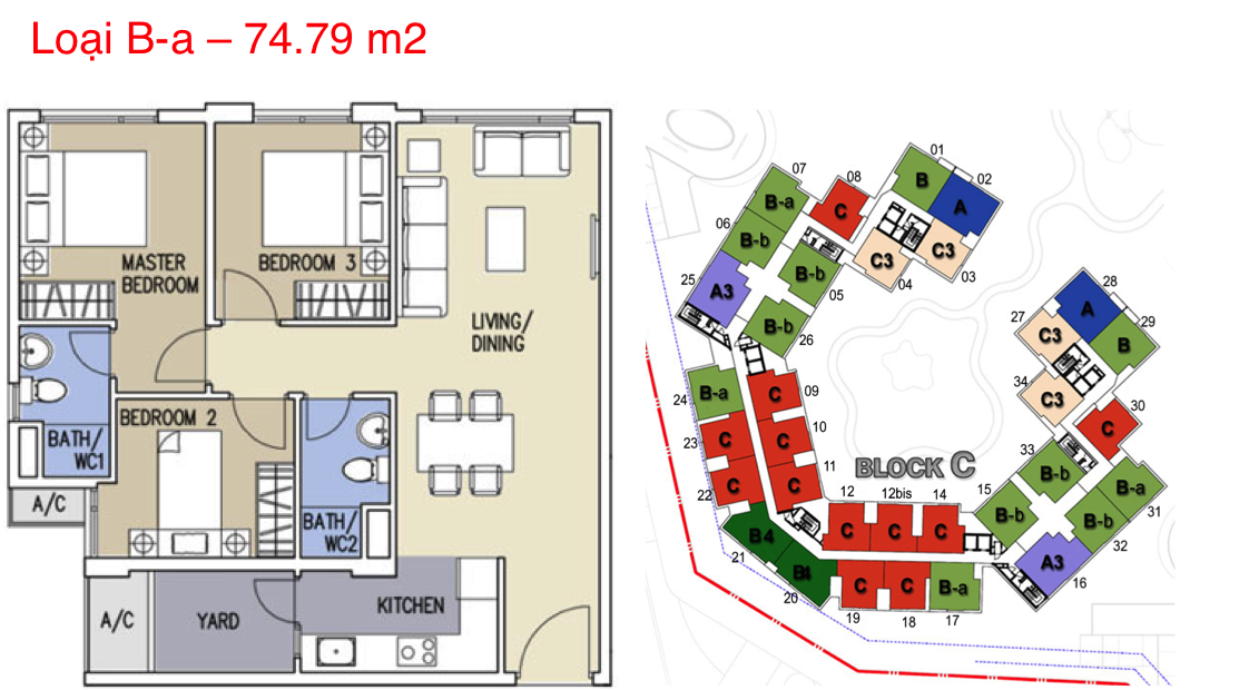 Layout căn hộ 3 phòng ngủ 74.8m² phân khu Ruby Precinct Celadon City