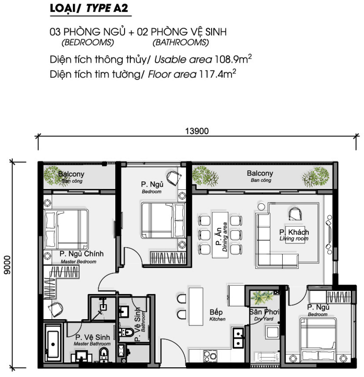 Layout căn hộ 3 phòng ngủ 117.4m² phân khu Diamond Alnata Plus Celadon City