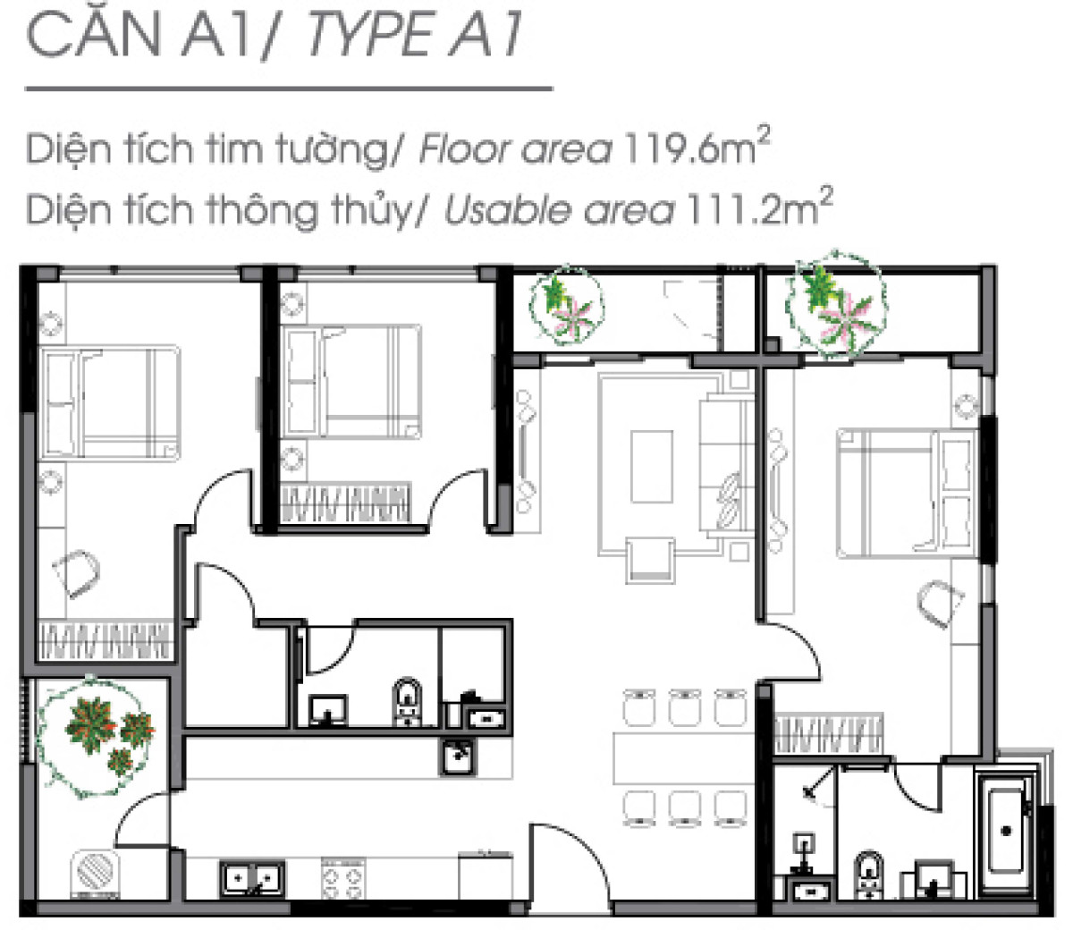 Layout căn hộ 3 phòng ngủ 119.6m² phân khu Diamond Alnata Celadon City