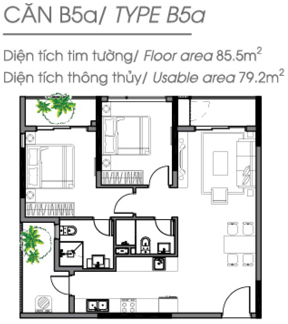 Layout căn hộ 2 phòng ngủ 85.5m² phân khu Diamond Alnata Celadon City
