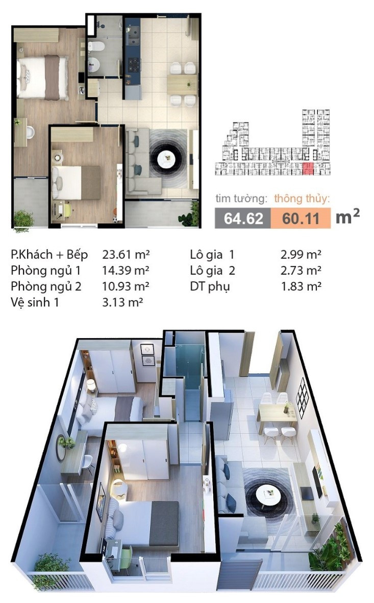 Layout căn hộ B6a - 2PN, diện tích 65m² dự án Carillon 7