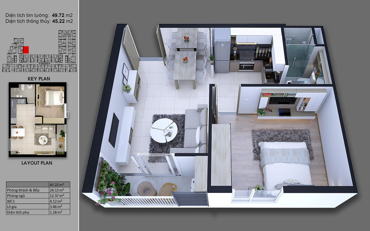 Layout căn hộ 2C1 - 1PN, diện tích 50m² dự án Carillon 7