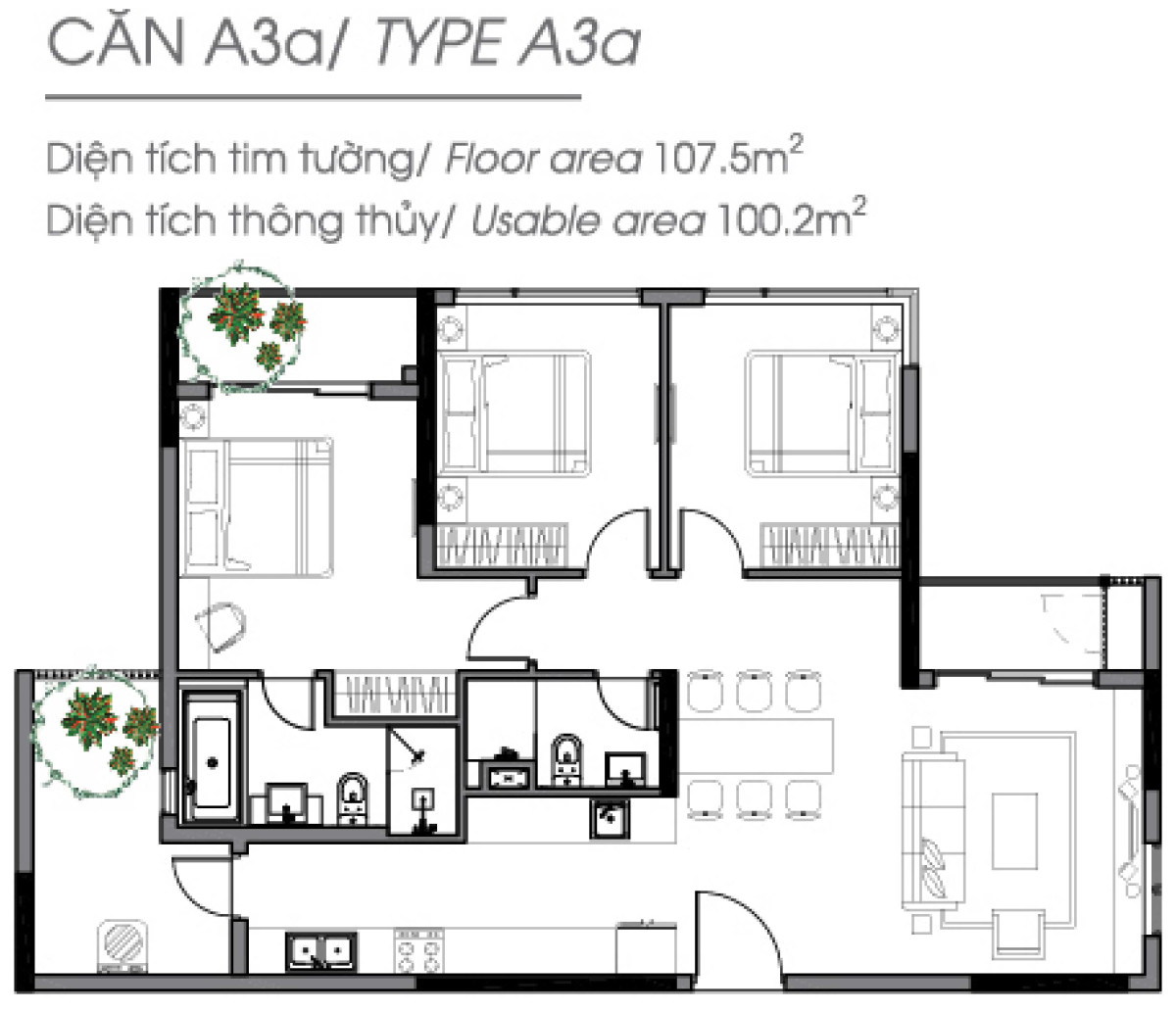 Layout căn hộ 3 phòng ngủ 107.5m² phân khu Diamond Alnata Celadon City