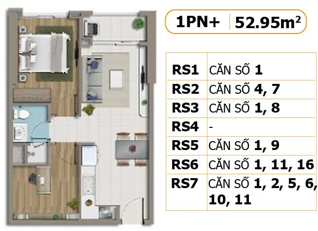 Layout căn hộ 1+1 phòng ngủ 53m2 dự án Richstar