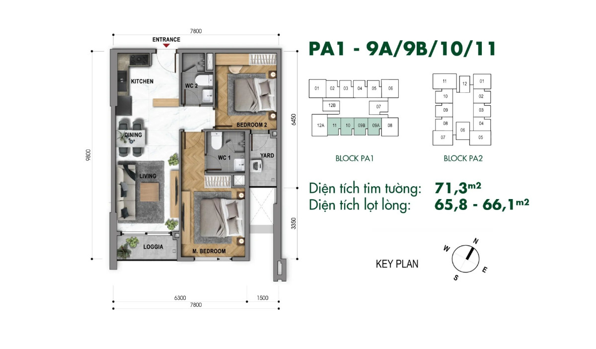 Layout căn hộ PA1.9A, PA1.9B, PA1.10, PA1.11 - 2PN/2WC, diện tích 71.3m² dự án The Park Avenue Novaland, góc ngã tư đường 3 tháng 2 lê đại hành