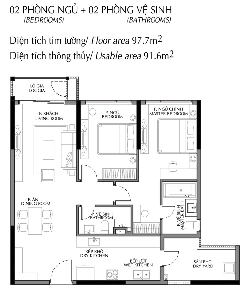 Layout căn hộ 2 phòng ngủ 97.7m²/ Type B1-Bb khu Diamond Brilliant Celadon City