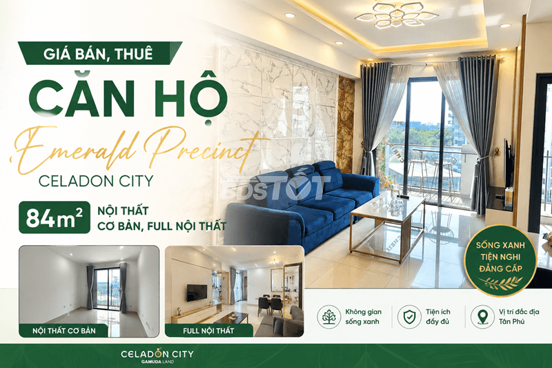 Giá bán, thuê căn hộ Emerald Precinct Celadon City 84m2 nội thất cơ bản, full nội thất