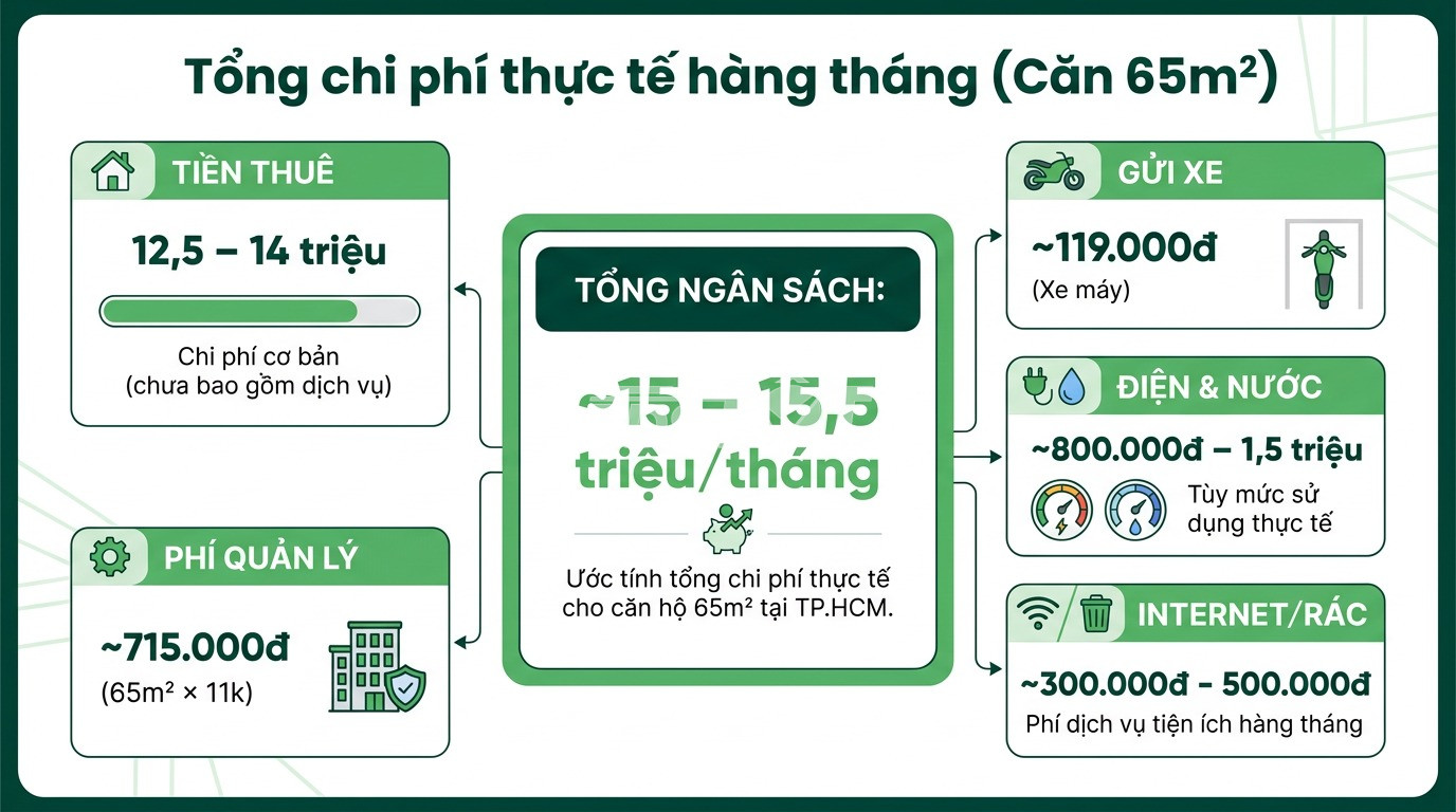 chi ph&iacute; thực tế h&agrave;ng th&aacute;ng khi thu&ecirc; căn hộ 65m tại Richstar