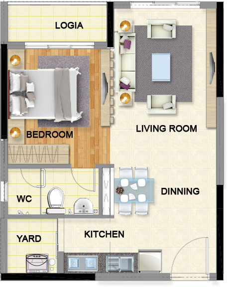 Layout căn hộ 1 phòng ngủ 53.2m² phân khu Emerald Celadon City