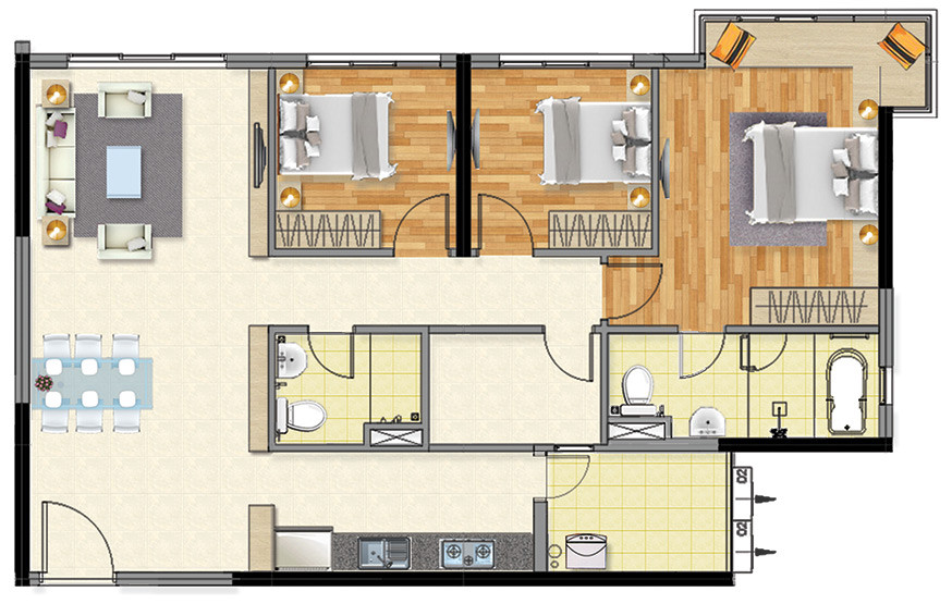 Layout căn hộ 3 phòng ngủ 107.5m² phân khu Emerald Celadon City