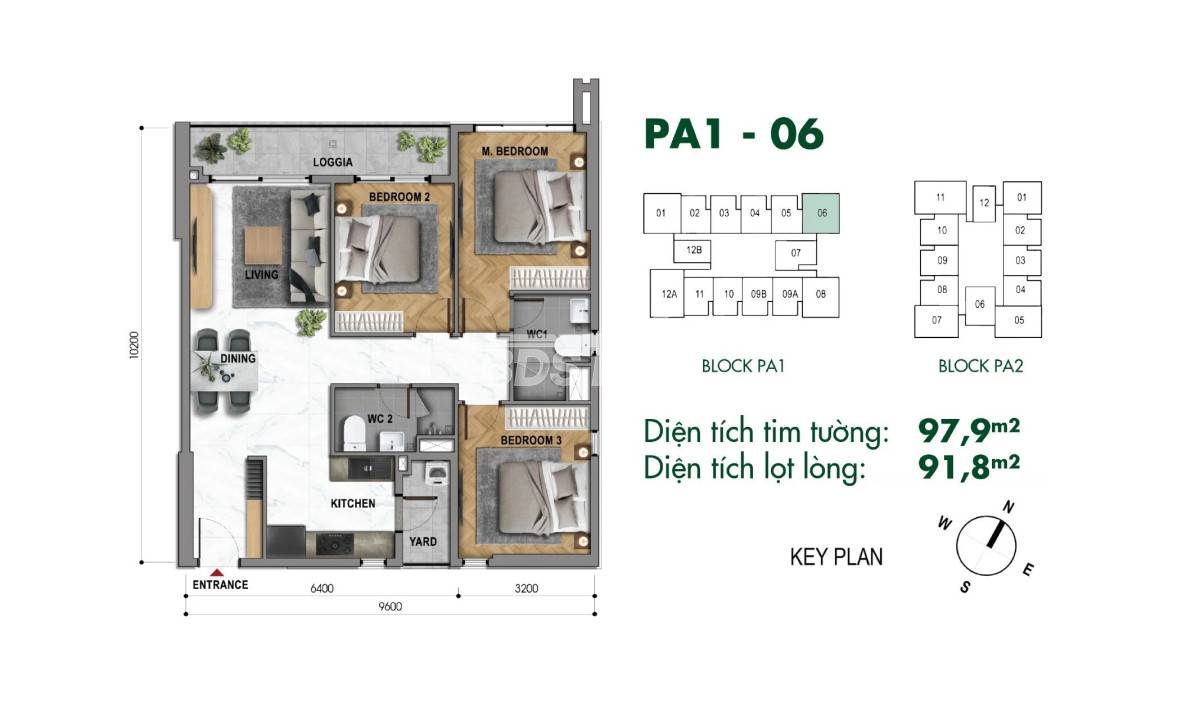 Layout thiết kế căn góc 3 phòng ngủ The Park Avenue tháp PA1 mã PA1-06 diện tích 97,9m2