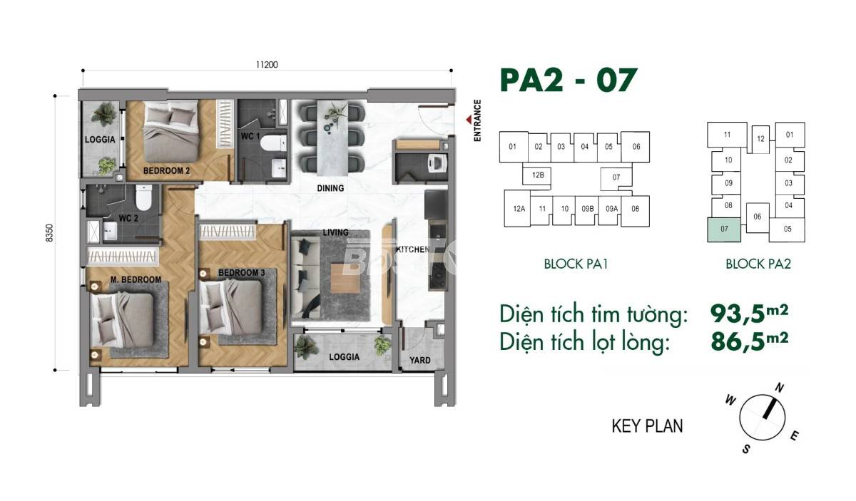 Layout thiết kế căn góc 3 phòng ngủ The Park Avenue tháp PA2 mã PA2-07 diện tích 93,5m2