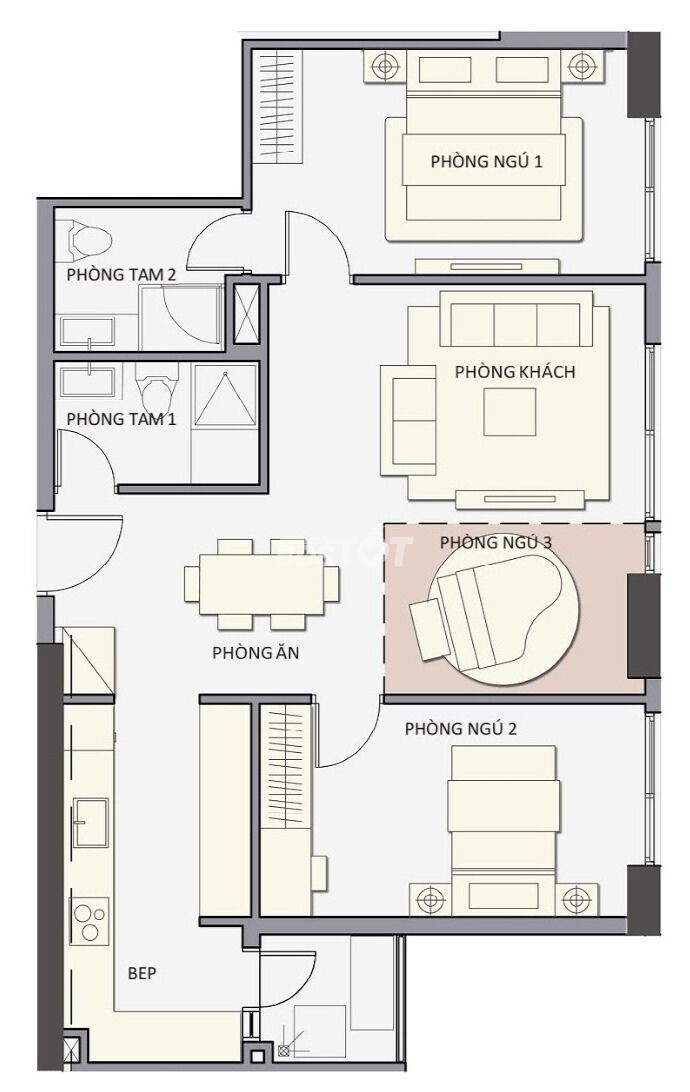 layout căn hộ C6 kh&ocirc;ng c&oacute; ban c&ocirc;ng ở  Valeo Đầm Sen